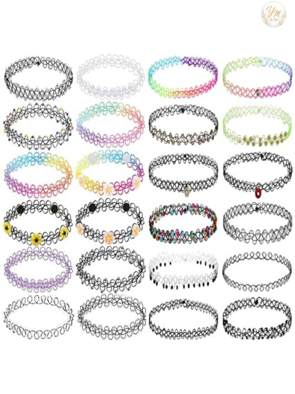 24PC Stretchy Elastic Tattoo Choker Necklaces Set - 90s Y2K Goth Grunge Jewelry